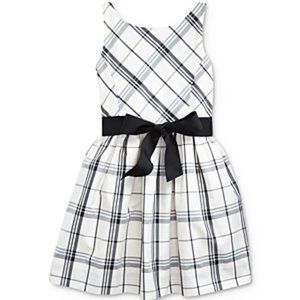 Ralph Lauren Sleeveless Black Cream Plaid Taffeta Party Dress w/Sash NWT $70